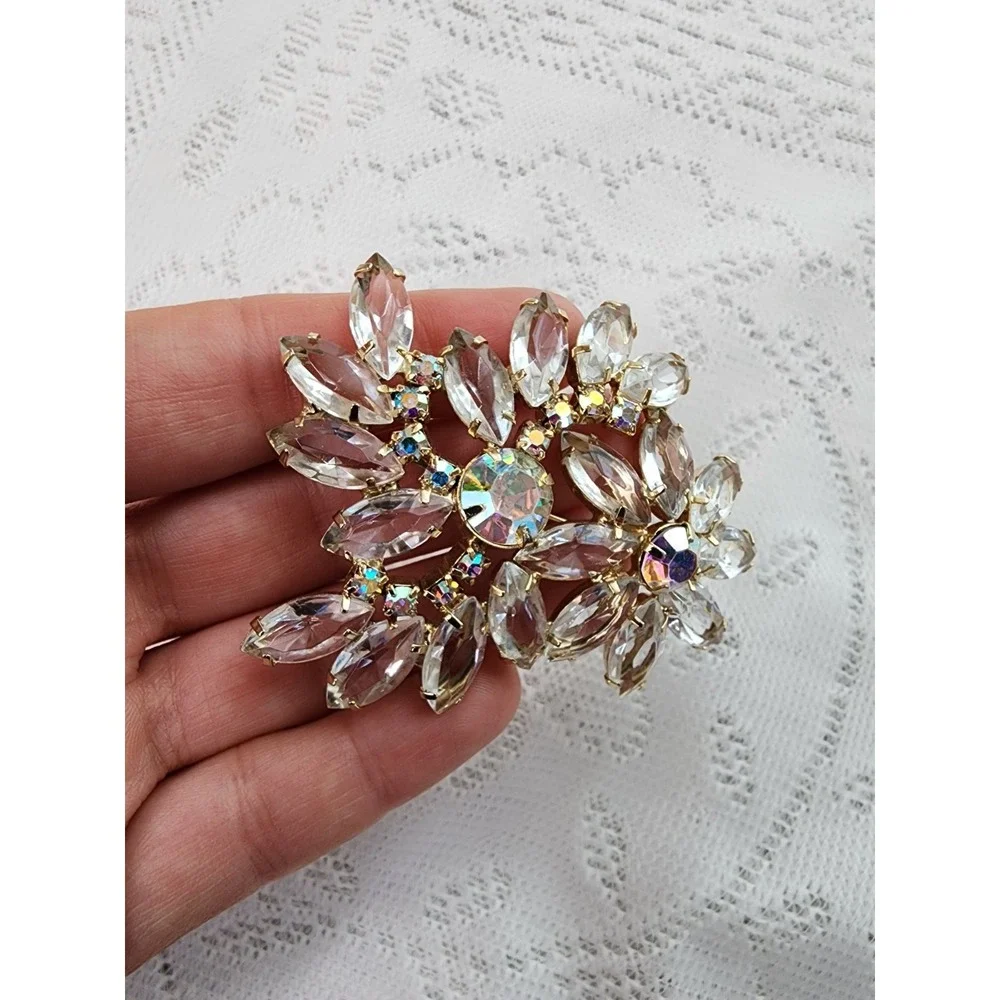 Vintage Mid Century Brooch Pin Floral Spray Rhinestone Sparkly Glam Statement